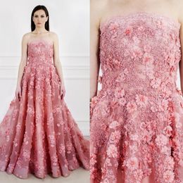2019 Bead Baby Pink Evening Dresses Sexy Strapless 3D Floral Appliques Prom Dress Plus Size Formal Long Prom Gowns