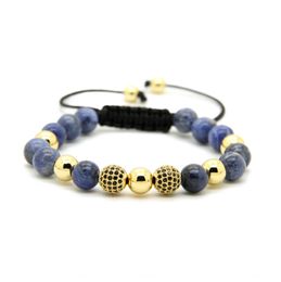 Mens Jewelry Wholesale 10pcs/lot 8mm Natural Blue Veins Stone Beads & 9mm Micro Paved Black Cz Ball Macrame Bracelet