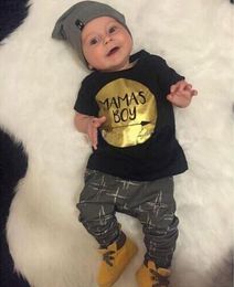 New Summer Ins Infant Baby Set Boys Mamas Boy Letters Printed Short Sleeve Black Cotton Tshirt + Pants Kids 2pcs Set Children Outfits