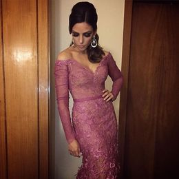 Arab Fuchsia Lace Evening Dresses Off Shoulder Long Sleeve Arabian Dubai Middle East Prom Party Gowns robe de soiree longue vestido longo