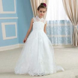 Spring Flower Girl Dresses Vintage Jewel Sash Lace Net Baby Girl Birthday Party Christmas Communion Gowns Children Girl Party Dress