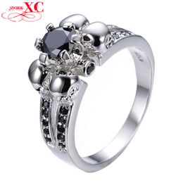 Wholesale-Vintage Skull Black Sapphire Jewellery Halloween Gift Sz6-10 Women/Men Ring Anel Aneis White Gold Filled CZ Wedding Rings RW1129
