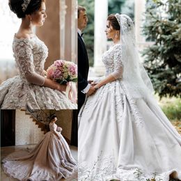 Off Shoulder Ball Gown Wedding Dresses Lace 3D Floral Applique Beads Sweep Train Plus Size Wedding Dress 3/4 Long Sleeve Bridal Gown