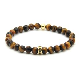 Wholesale 10pcs/lot 6mm Grade Natural Tiger Eye Stone with Micro Paved Black Zircons Spacer Cz Wheel Bracelets