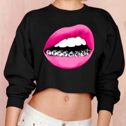 Wholesale- Women Long Sleeve Sweatshirts Pullovers Tracksuit Outerwear O Neck Big Red Lips Mouth 3D Diamond Teeth Print Hoodies Crop Tops