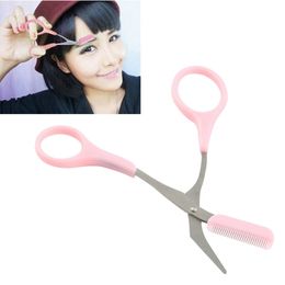 Girl Lady Eyebrow Trimmer Eyelash Thinning Shears Comb Eyelash Hair Clips Scissors Shaping Eyebrow Grooming Cosmetic Tool Pink XB1