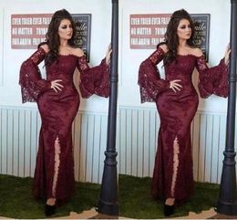 2017 Vintage Burgundy Lace Mermaid Mother Of The Bride Dresses Cheap Off Shoulder Juliet Long Sleeve Side Split Mother Groom Dress EN10207