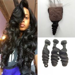 8A Brazilian Hair With Silk Base Closure,Loose Wave Silk Base Closure With 3 Bundles Virgin Human Hair With Silk Closures
