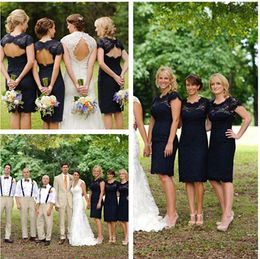 Knee Length Navy Blue Lace Bridesmaid Dresses Short Country Bridesmaids Dresses O Neckline Rustic Farm Vintage Open Back Bridesmaids Gowns