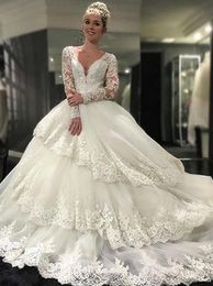 Vintage V-neck Tiered Long Sleeves Ball Gown Wedding Dress with Appliques Lace Backless Beaded Chapel Train Tulle Winter Bridal Gowns