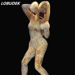 female costume crystals sexy one-piece lace Jumpsuit leotard bodysuit Rhinestones outfit singer dancer nightclub Stag Party bar Prom fashion