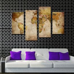 4 pieces canvas painting map wall art decor retro antiquated world map abstract painting pictures for home decor unframed ready to hang