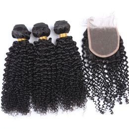 afro kinky natural hair weave Australia - Afro Kinky Curl Brazilian Hair Bundles With Closure Human Hair Weaves Extensions 3Bundles With Lace Closure 4x4 Free Part Natural Color 1B