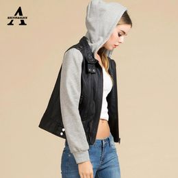 Wholesale- UUV Brand Womens Leather Jackets and Coats Short Patchwork With Hat Silm Casual Hooded Leather Jacket JS130103799