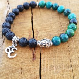 SN1097 Mens Beaded Tierracast Buddha Yoga Bracelet Ohm Charm Bracelet Black Lava and Turquoise Bracelet Free Shipping