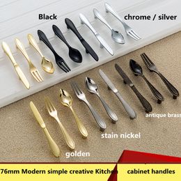 76mm modern simple creative pull silver gold Knife fork spoon kitchen cabinet door handles 3" antique brass black drawer pulls knobs