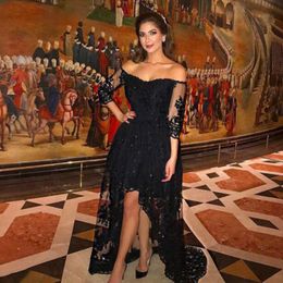 2019 Arabic Evening Gowns Dresses Black Lace Off the Shoulder Illusion Half Sleeves Beaded Open Back High Low Prom Party Gowns