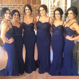 Navy Blue Plus Size Bridesmaid Dresses Long Spaghetti Straps Spaghetti Straps Beads Mermaid Wedding Guest Dress Count Train Party Gowns