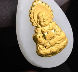 Gold inlaid jade dripping laughing Buddha. Talisman necklace pendant