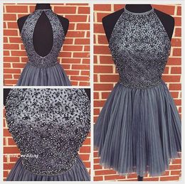 2019 Short Grey Cocktail Dress New Arrival A Line High Neck Tulle Beaded Prom Party Dress Homecoming Dresses Plus Size vestidos de coctel