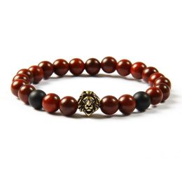 New Design Wholesale 10pcs/lot 8mm Natural Rosewood Beads With Antique Gold And Silver Cz Lion Head Bracelet
