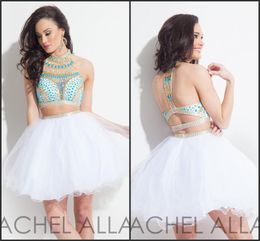 Two Pieces Homecoming Dresses High Neck Beaded Rhinestones Crystals Cocktail Dresses Short Prom Gowns po88