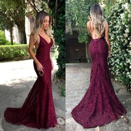 2020 Dark Red Cut Away Side Backless Sexy Prom Dresses Spaghetti Straps Lace V Neck Mermaid Evening Gowns for Party Vestidos