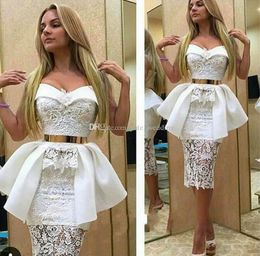 2021 Sexy White Short Cocktail Dresses Sweetheart Lace Satin Sheath Knee Length Saudi Arabic Party Dresses Aso Ebi Style Evening D295h