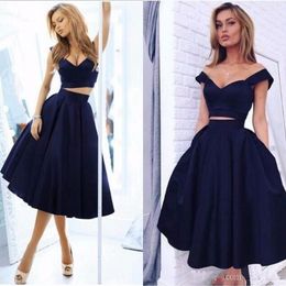 Navy Blue Two Piece Tea Length Prom Dresses Simple V Neck Off the Shoulder Satin A Line Special Occasion Homecoming Dress