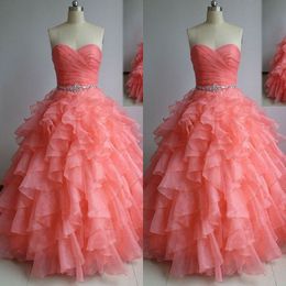 Real Sample High Quality Watermelon Prom Dresses A Line Ruched Ruffles Organza Corset Floor Length Evening Quinceanera Gowns Crystals Sash