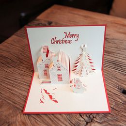 Cute Christmas Tree Greeting Cards 3D Paper Castle Snowman Postcard Blessing Festive Party Decor Supplies
