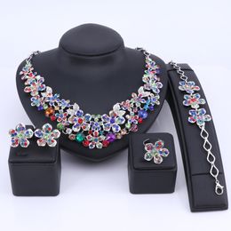 Stunning Silver Plating Rhinestone Crystal Wedding Jewelry Choker Necklace Earrings Bracelet Ring Set Women Bridal Jewelry Set