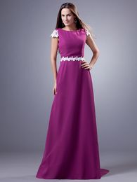 Real Purple Long Chiffon Modest Bridesmaid Dresses With Cap Sleeves Jewel Neck Lace Appliques Simple Wedding Party Dresses Maids of Honour