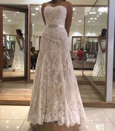 Lace Wedding Dresses 2019 Mermaid Strapless Bridal Dress Sheath Lace Wedding Gown Custom Made Beaded Sash Bridal Gown vestido de noiva