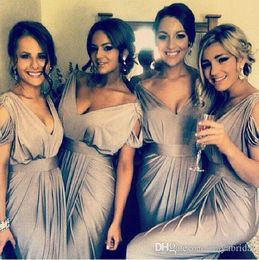 Light Gray Bridesmaid Dresses V Neck Cap Sleeves New Style Pleat Maid of Honor Dress Long Party Gowns