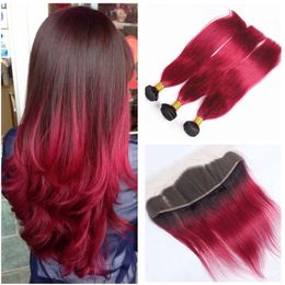 Two Tone Red Human Hair Weaves With Lace Frontal Closure Ombre Bright Red Straight Hair Bundles With Frontal Closure 4pcs/lot