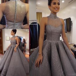 Sparkly High Neck Evening Gowns Illusion Back Covered Buttons Gray Prom Dresses Sequins Beaded Saudi Arabia Formal Party Dress Custom Made