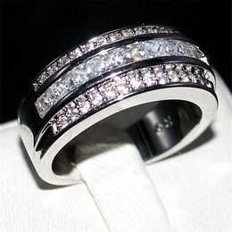 Luxury Princess-cut White Topaz Gemstone Rings Fashion 10KT White Gold filled Wedding Band Jewellery for Men Women Size 8,9,10,11,12