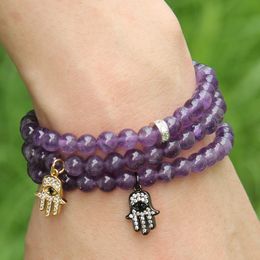 Wholesale 6mm Natural Good Quality Amethyst Stone Beads Micro Pave Zircons Fatima Hand Hamsa Pendant Bracelets Girl Gift