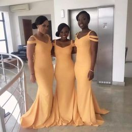 Sand Yellow Mermaid Long Bridesmaid Dresses Scoop Neckline Party Gowns Back Zipper Strip Shape Sleeves Custom Made Guest Formal Dresses