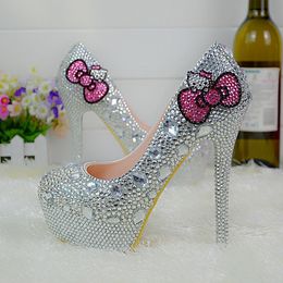 Kitty Silver Rhinestone Bridal Wedding Shoes Graudation Party Prom High Heel Shoes Formal Dress Pumps Plus Size