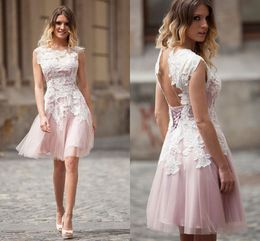 light pink lace homecoming dresses UK - Short Elegant Homecoming Dresses With White Lace Applique Light Pink Jewel Short Capped Evening Dresses Open Back Lace-Up Custom Prom Dress