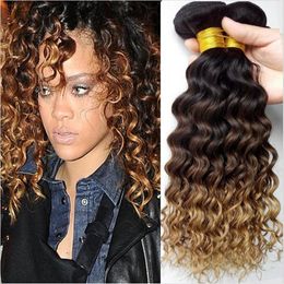 9A Brazilian Deep Curly Ombre Weaves 1B/4/27 Honey Blonde Ombre Human Hair 3Pcs Three Tone Brazilian Human Hair Bundles Deep Wave