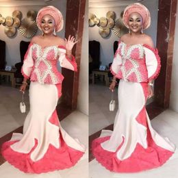 Nigerian African Mermaid Evening Dresses Plus Size Aso Ebi Beaded Evening Gowns Off The Shoulder Special Occasions Prom Dresses with Sleeves