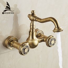 Luxury Bronze Colour Bathroom Faucet Brass Kitchen Mixer Tap Faucet Wall Mounted Dual Handle Hot and Cold Taps WF-18002