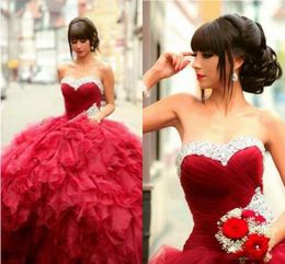 2016 Red Rhinestones Beaded Prom Dresses Sweetheart Ruffles Ball Gown Quinceanera Dresses Back Lace Up Evening Dresses Formal Wear