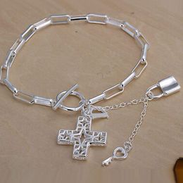 Hollow Cross Lock Key Bracelet 925 Silver Pendants Charms Bracelet Grid Chain Good Quality Free Shipping