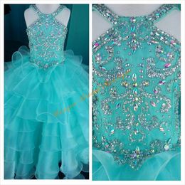 2016 Beautiful Girls Pageant Dresses with Halter Neck and Tiered Skirt Real Pictures Beaded Crystals Organza Ball Gown Girls Birthday Gowns