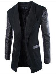 Free shipping 2016 New Fashion Korean Style Men's Jacket Leather Cloth Sleeve Placket Long Coat Slim Woollen Coat Top Sales