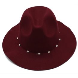 Claret Hat Cap for Women Fashion Lady Fedora Hats with Diamond Female Flat Wide Brim Jazz Caps Felt Trilby Autumn Winter New GH-224